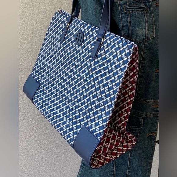 Tory Burch Ella Nylon Mixed Print Tote Navy Crimson Red Geo Logo - Picture 2 of 8